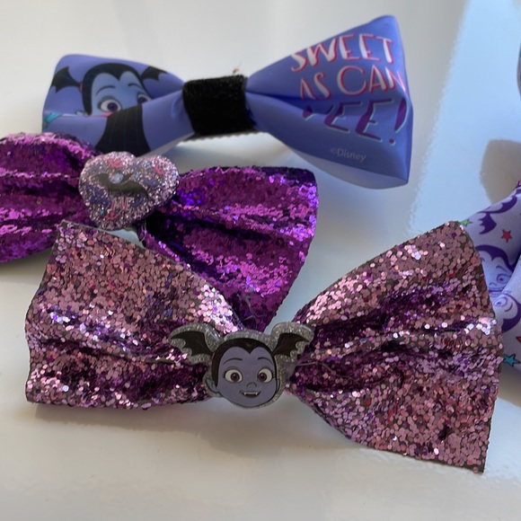 [ Disney Vamperina Handcrafted Glittery Purple Ribbon Hair Bows ] Set of 4 - Picture 3 of 6
